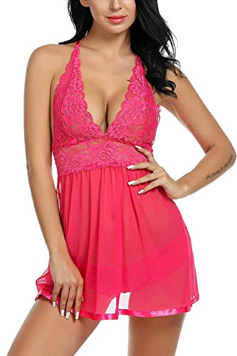 Voqeen Mujer Conjuntos Lenceria Sexy Lencería Babydoll de Encaje Vestido de Dormir con Cuello en V Ropa de Dormir Sedosa