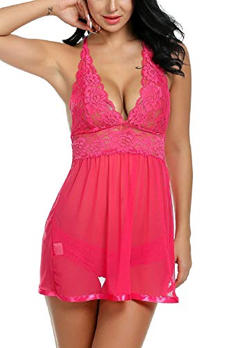 Voqeen Mujer Conjuntos Lenceria Sexy Lencería Babydoll de Encaje Vestido de Dormir con Cuello en V Ropa de Dormir Sedosa