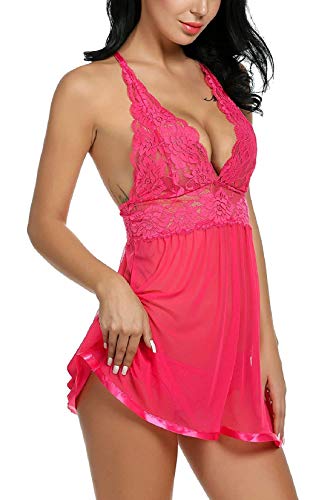 Voqeen Mujer Conjuntos Lenceria Sexy Lencería Babydoll de Encaje Vestido de Dormir con Cuello en V Ropa de Dormir Sedosa