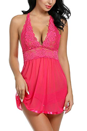 Voqeen Mujer Conjuntos Lenceria Sexy Lencería Babydoll de Encaje Vestido de Dormir con Cuello en V Ropa de Dormir Sedosa