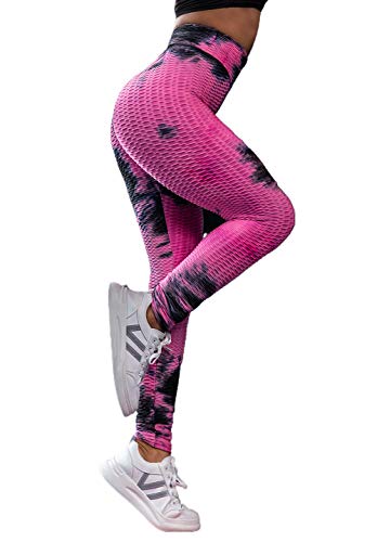 Voqeen Mujer Pantalones de Yoga con Efecto Tie Dye con Textura de Panal Leggings Fruncidos con Pliegues de Levantamiento de Glúteos de Cintura Alta Medias de Botín Leggings Deportivos de Gimnasio