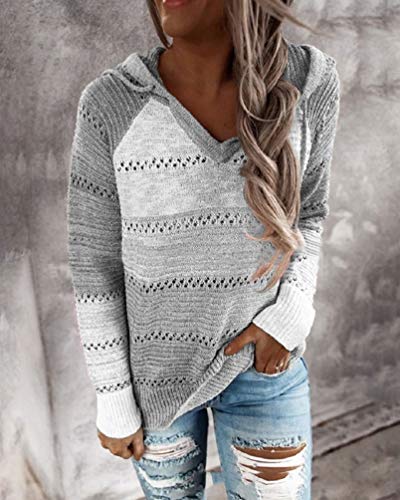 Voqeen Mujer Sudaderas con Capucha Boho Jersey Suéteres de Punto Ahueca hacia Fuera La Pull-Over con Cremallera Borrosa de Manga Larga Otoño Invierno
