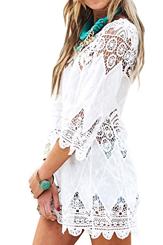 Voqeen Mujeres Ahuecar Bikini Gancho Flor Cubrir Blusa Traje de baño Vestido de Playa (Blanco, Un tamaño)