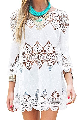 Voqeen Mujeres Ahuecar Bikini Gancho Flor Cubrir Blusa Traje de baño Vestido de Playa (Blanco, Un tamaño)