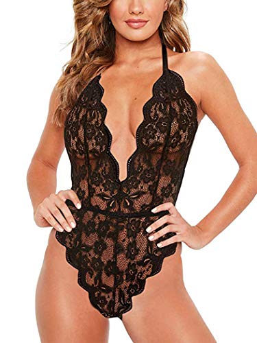 Voqeen Mujeres Bodysuit de Encaje Lencería Sexy de Pestañas Una Pieza Mini Cabestro Babydoll Ropa de Dormir