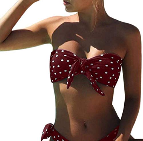 Voqeen Mujeres Cuello Halter Sin Tirantes Bandeau Giro Hacer Subir Lunares Conjunto de Bikini Traje de baño