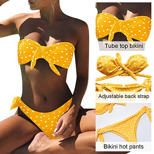 Voqeen Mujeres Cuello Halter Sin Tirantes Bandeau Giro Hacer Subir Lunares Conjunto de Bikini Traje de baño (Amarillo, L)