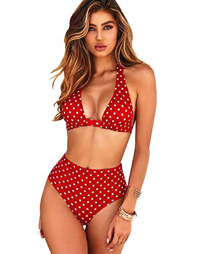 Voqeen Traje de Baño Bikini Floral Mujer Bikinis Sujetador Push-up Sexy Traje de Baño de Dos Piezas BañAdores Tops y Braguitas Ropa de Playa (Rojo y Punto Blanco, XL)