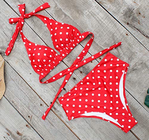 Voqeen Traje de Baño Bikini Floral Mujer Bikinis Sujetador Push-up Sexy Traje de Baño de Dos Piezas BañAdores Tops y Braguitas Ropa de Playa (Rojo y Punto Blanco, L)