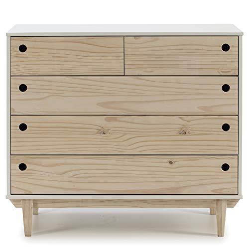VS Venta-stock Cómoda de Noche Roma 5 Cajones en Color Blanco, Patas y Frontales en Madera Natural