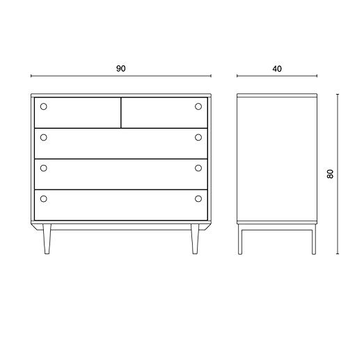 VS Venta-stock Cómoda de Noche Roma 5 Cajones en Color Blanco, Patas y Frontales en Madera Natural