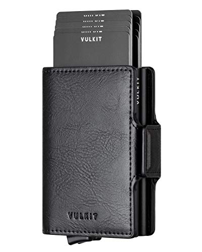 VULKIT Tarjeteros para Tarjetas de Credito Piel con Doppio Metalico Caso Cartera Tarjetero Hombre RFID Bloqueo con Ranuras para Tarjetas y Billetes, Negro