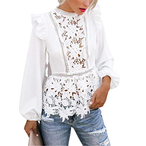 WangsCanis Blusa de mujer elegante vintage blusa top cuello redondo de manga larga de sacudida transparente para primavera/otoño Bianco Pizzo L