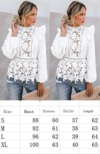 WangsCanis Blusa de mujer elegante vintage blusa top cuello redondo de manga larga de sacudida transparente para primavera/otoño Bianco Pizzo S