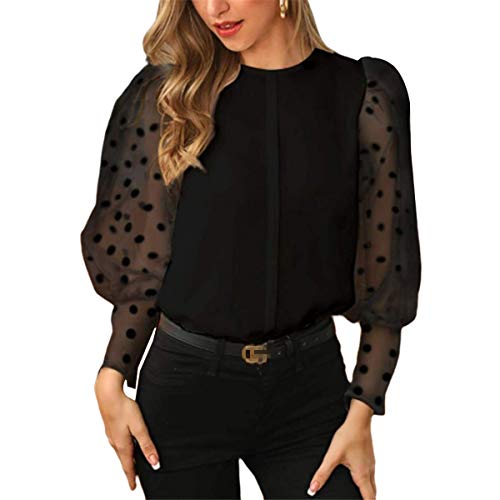 WangsCanis Blusa de mujer elegante vintage blusa top cuello redondo de manga larga de sacudida transparente para primavera/otoño Nero A XXL