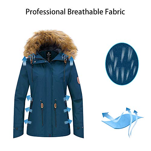 Wantdo Abrigo de Invierno Aislada con Vellón Chaqueta de Montaña de Senderismo Chaqueta Capucha con Pelo a Prueba de Viento Parka Snowboard de Esquí Exteriores para Mujer Azul Noche X-Large