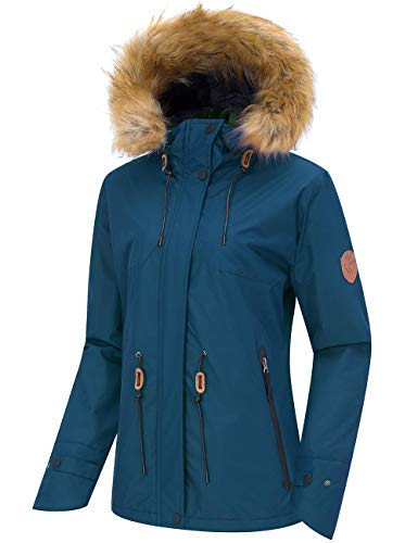 Wantdo Abrigo de Invierno Aislada con Vellón Chaqueta de Montaña de Senderismo Chaqueta Capucha con Pelo a Prueba de Viento Parka Snowboard de Esquí Exteriores para Mujer Azul Noche X-Large