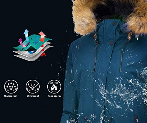 Wantdo Abrigo de Invierno Aislada con Vellón Chaqueta de Montaña de Senderismo Chaqueta Capucha con Pelo a Prueba de Viento Parka Snowboard de Esquí Exteriores para Mujer Azul Noche X-Large
