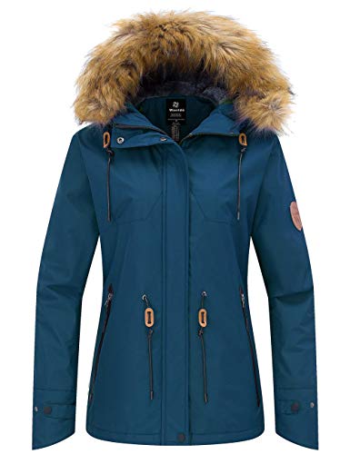 Wantdo Abrigo de Invierno Aislada con Vellón Chaqueta de Montaña de Senderismo Chaqueta Capucha con Pelo a Prueba de Viento Parka Snowboard de Esquí Exteriores para Mujer Azul Noche X-Large
