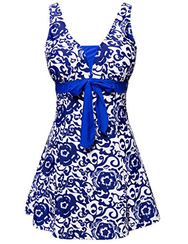 Wantdo Bañador Vestido de Playa Tankini con Falda 1 Pieza para Mujer Brillante Azul 44-46