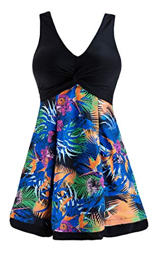 Wantdo Bañador Vestido de Playa Tankini con Falda 1 Pieza para Mujer Flor de Hoja 42-44
