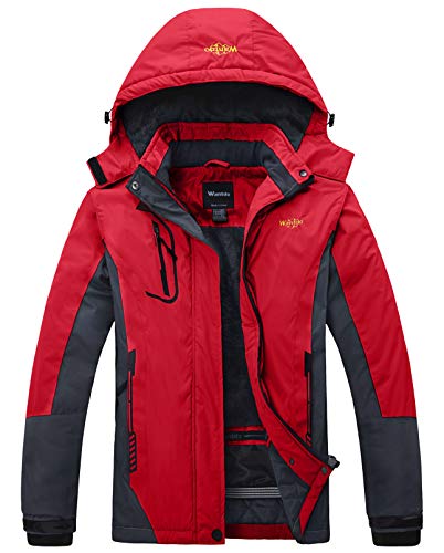 Wantdo Chaqueta de Esquí Deportiva al Aire Libre Parka con Capucha Forro Polar Cálida Chaqueta Impermeable Antiviento Cazadora Nieve Snowboard Invierno para Mujer Rojo Medium