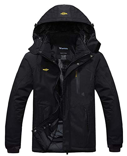 Wantdo Chaquetas de Esquí Impermeable Montaña Chaquetas Aislada con Vellón Cálida Invierno Abrigo Snowboard para Exteriores Parka de Nieve con Capucha para Hombre Negro Medium
