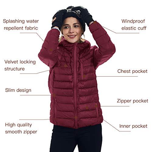 Wantdo Plumiferos Caliente Capucha Otoño Chaqueta de Pluma Corta Invierno Chaqueta de Plumón Ajustada de Moda Chaqueta de Pluma de Montaña Antiviento Mujer Rojo Vino Large