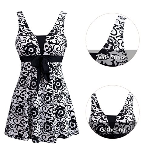 Wantdo Traje de Baño Tankini Playa 1 Pieza Estampado Floral Falda para Mujer Negro 44