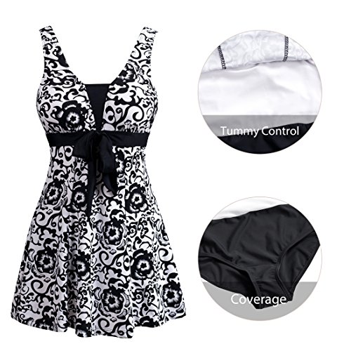 Wantdo Traje de Baño Tankini Playa 1 Pieza Estampado Floral Falda para Mujer Negro 44