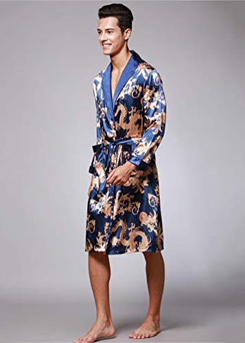 WanYangg Albornoz Kimonos Pijama para Hombre Largo Camisón Robe Bata Ropa De Dormir Satín Bata De Baño Dragón De Impresión Seda De Imitación Azul Real 2XL