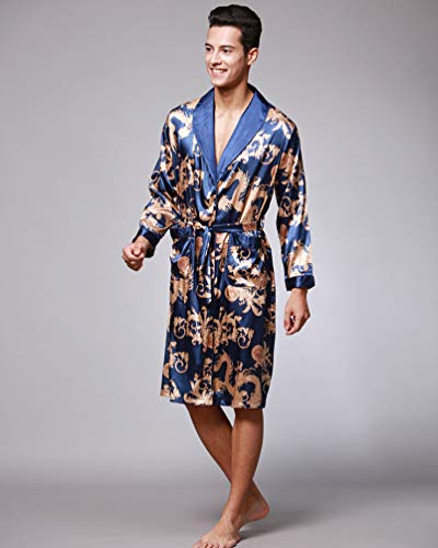 WanYangg Albornoz Kimonos Pijama para Hombre Largo Camisón Robe Bata Ropa De Dormir Satín Bata De Baño Dragón De Impresión Seda De Imitación Azul Real 2XL