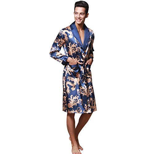 WanYangg Albornoz Kimonos Pijama para Hombre Largo Camisón Robe Bata Ropa De Dormir Satín Bata De Baño Dragón De Impresión Seda De Imitación Azul Real 2XL