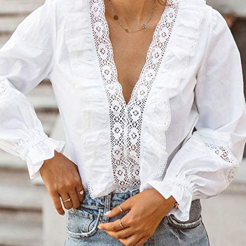 WARMWORD Blusas Y Tops Color sólido De Encaje De Las Mujeres De La Vendimia Blusas con Cuello En V Blusa De Manga De Soplo Acanalada Streetwear Moda Tops Femeninos De Algodón