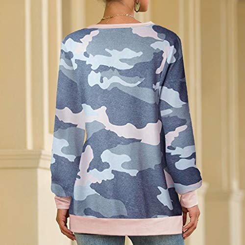 WARMWORD Mujer Moda Camuflaje Casual Cuello Redondo Hombro De Punto Bolsillo Camisa Entrenamiento Prendas Tops Mujeres Top Camiseta Ladies Loose Manga Larga Blusa S-XL
