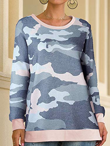 WARMWORD Mujer Moda Camuflaje Casual Cuello Redondo Hombro De Punto Bolsillo Camisa Entrenamiento Prendas Tops Mujeres Top Camiseta Ladies Loose Manga Larga Blusa S-XL