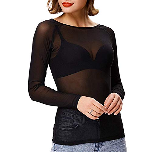 WARMWORD Mujer Tops Camisetas Dama Transparente Manga Larga Brazo Moldeador sin Costuras Blusa De Camisa De Malla Sexy Mujer Ropa Camisa de Mujer de Moda Blusas para Damas Otoño