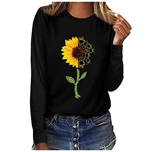 WARMWORD Mujer Tops Elegantes Blusas para Mujer Cómodas Mangas largas Blusas para Mujer Otoño Mujer Moda Talla Extra Estampado de Girasol Cuello Redondo Manga Larga Camiseta Blusa Tops