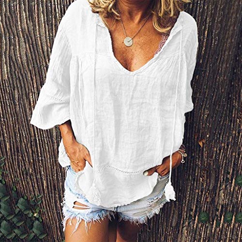 WARMWORD Mujeres Suelto Tops Camisetas Mujer, Blusas para Mujer Elegantes Otoño Pullover Cuello en V Tops Color sólido Casual Suelto Deporte Camisas Algodón y Lino Ropa