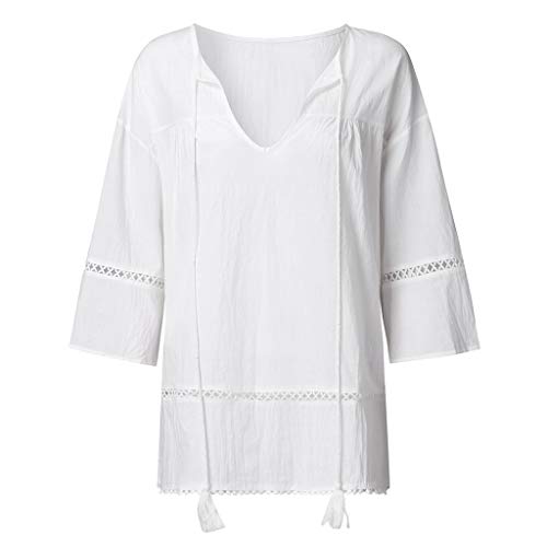 WARMWORD Mujeres Suelto Tops Camisetas Mujer, Blusas para Mujer Elegantes Otoño Pullover Cuello en V Tops Color sólido Casual Suelto Deporte Camisas Algodón y Lino Ropa