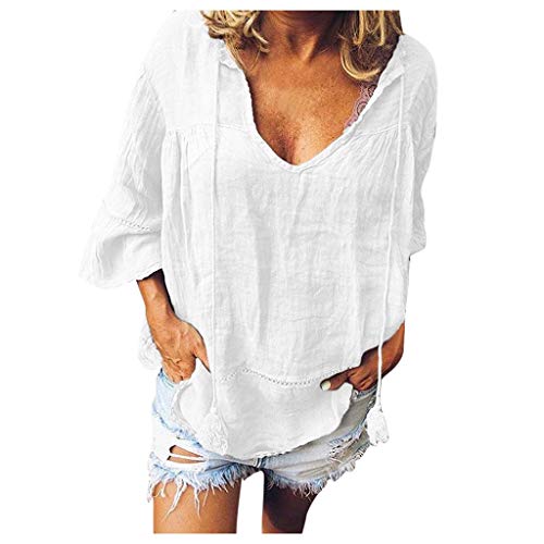 WARMWORD Mujeres Suelto Tops Camisetas Mujer, Blusas para Mujer Elegantes Otoño Pullover Cuello en V Tops Color sólido Casual Suelto Deporte Camisas Algodón y Lino Ropa