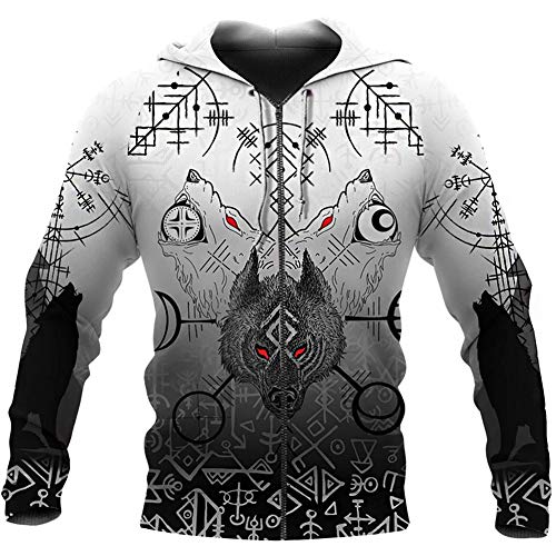 WDBAYXH Unisex Viking Fenrir Wolf Vegvisir Runes Realistic 3D Print Full Zip Sudadera con Capucha,Novedad Vintage Punk Manga Larga Bolsillos Sudadera Ligera,Chaqueta Nórdica Celta Pagana,Zip,4XL