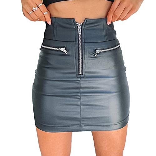 WEIMEITE Faldas Lápiz Sexy para Niña Mujeres Falda Cintura Alta con Cremallera Falda Cuero PU Sólida Estiramiento Bodycon Mini Faldas Cortas