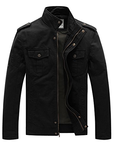 WenVen Chaqueta de Algodón Casual Otoño Chaqueta Fina Joven Cuello Alto Cazadora Ligera Entretiempo Chaqueta Clásica al Aire Libre Hombres Negro Large