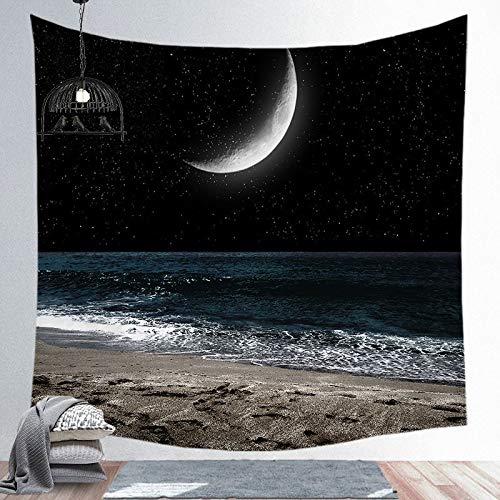 WERT Luna Estrellas Tapiz Mandala Bohemio Colgante de Pared Tapiz Negro Yoga Bufanda Alfombra decoración de Pared Alfombra de Playa A7 200x180cm