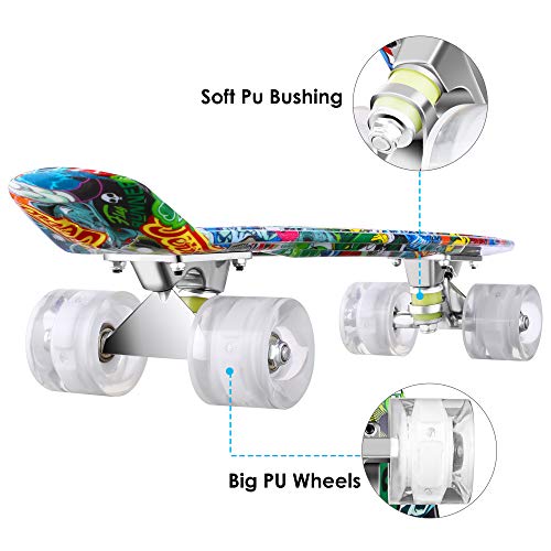 WeSkate Mini Cruiser Skateboard Retro Full Board 22 "55cm Vintage Skateboard con borde de plástico Cruiser Board con PU Flash Wheel Bearing ABEC-7 para adultos, niños, niñas