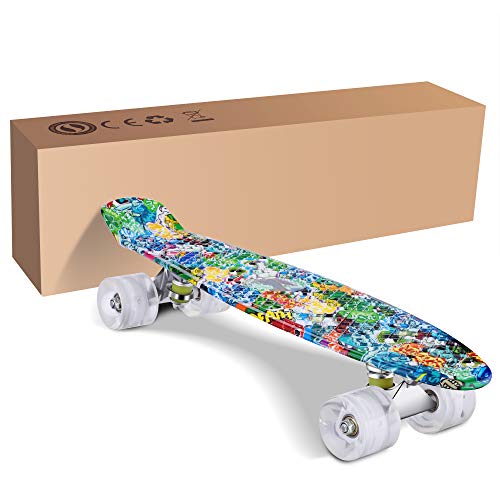 WeSkate Mini Cruiser Skateboard Retro Full Board 22 "55cm Vintage Skateboard con borde de plástico Cruiser Board con PU Flash Wheel Bearing ABEC-7 para adultos, niños, niñas