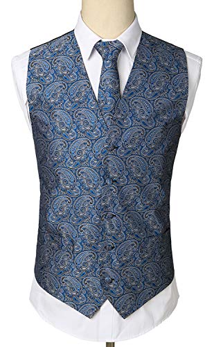 WHATLEES Juego de chaleco, corbata y pañuelo de bolsillo para hombre clásico de cachemira jacquard Ba0213-azul marino. XL