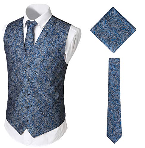 WHATLEES Juego de chaleco, corbata y pañuelo de bolsillo para hombre clásico de cachemira jacquard Ba0213-azul marino. XL