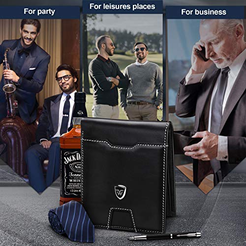 wilbest® Billetera Hombre, Cartera Hombre Piel con Linea Blanca Diseno, Carteras Hombre con Monedero, Cartera Delgada con Tarjertos, 1.5 x 11.5 x 9.5cm con Caja de Regalo, Cuero Genuino Negro